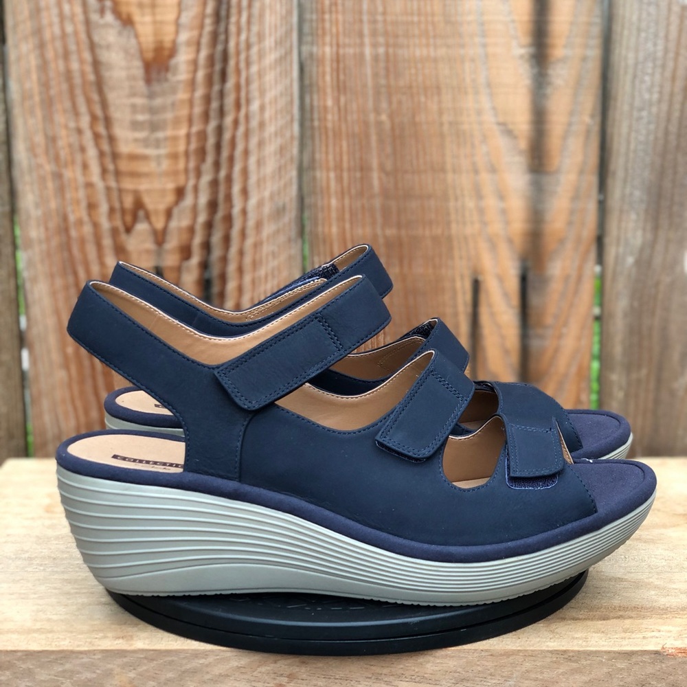 NEW Clarks Reedly Juno Navy Marine Comfort Sandals Velcro Ortholite Size 11 WMNS